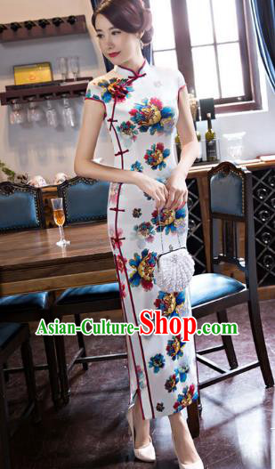 Chinese National Costume Tang Suit White Qipao Dress Traditional Republic of China Printing Flowers Cheongsam for Women