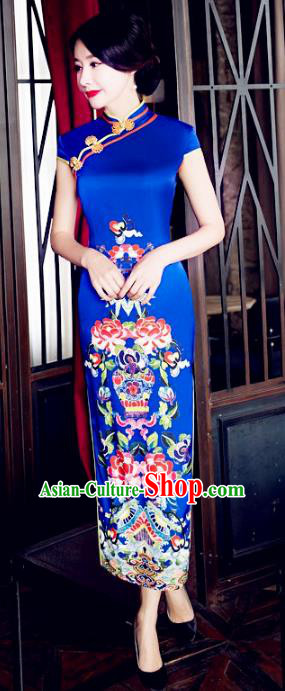 Chinese National Costume Tang Suit Wedding Qipao Dress Traditional Republic of China Printing Blue Cheongsam for Women