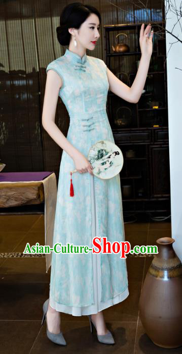 Chinese National Costume Tang Suit Qipao Dress Traditional Republic of China Blue Cheongsam for Women