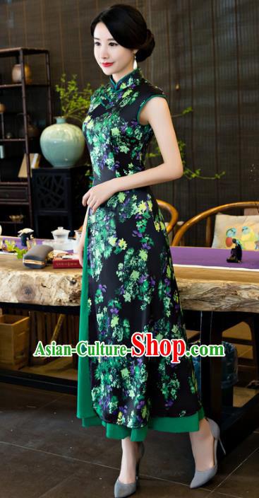Chinese National Costume Tang Suit Qipao Dress Traditional Republic of China Navy Cheongsam for Women