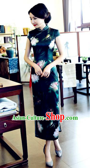 Chinese National Costume Tang Suit Qipao Dress Traditional Republic of China Atrovirens Cheongsam for Women