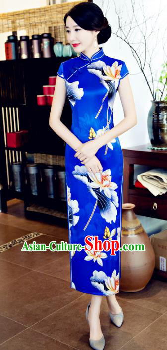 Chinese National Costume Tang Suit Printing Lotus Qipao Dress Traditional Republic of China Blue Silk Cheongsam for Women