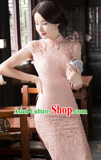 Chinese National Costume Tang Suit Qipao Dress Traditional Republic of China Pink Lace Cheongsam for Women