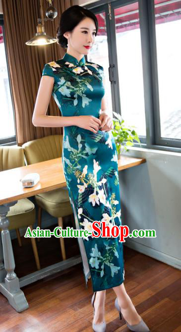 Chinese National Costume Retro Printing Green Satin Qipao Dress Traditional Republic of China Tang Suit Cheongsam for Women