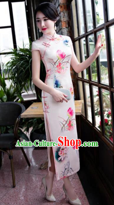 Chinese National Costume Retro Printing Lotus Pink Silk Qipao Dress Traditional Republic of China Tang Suit Cheongsam for Women