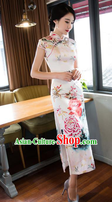 Chinese National Costume Retro Printing Peony Silk Qipao Dress Traditional Republic of China Tang Suit Cheongsam for Women