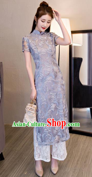 Chinese National Costume Retro Grey Lace Qipao Dress Traditional Republic of China Tang Suit Cheongsam for Women