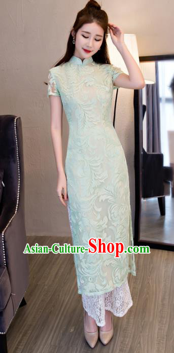 Chinese National Costume Retro Green Lace Qipao Dress Traditional Republic of China Tang Suit Cheongsam for Women