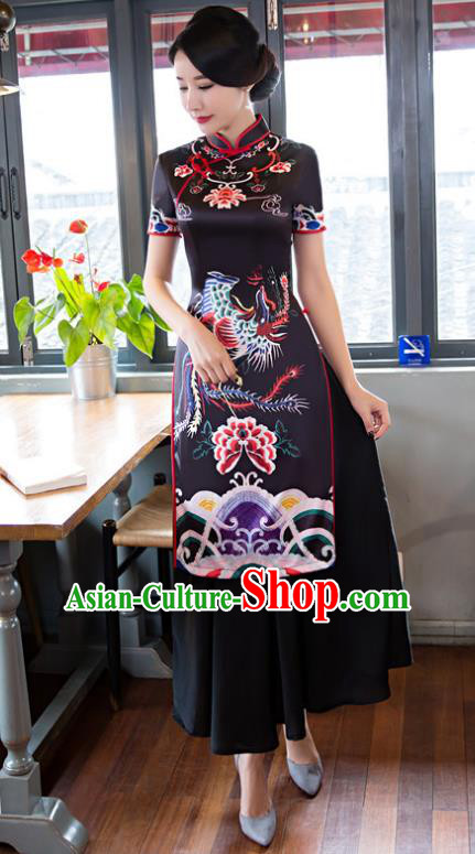 Chinese National Costume Retro Printing Phoenix Peony Black Qipao Dress Traditional Republic of China Tang Suit Cheongsam for Women