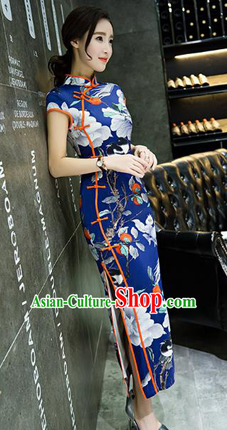 Chinese Top Grade Retro Printing Flowers Royalblue Qipao Dress Traditional Republic of China Tang Suit Cheongsam for Women