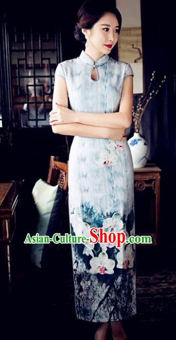 Chinese Top Grade Retro Printing Lotus Blue Silk Qipao Dress Traditional Republic of China Tang Suit Cheongsam for Women