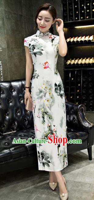 Chinese Top Grade Retro Ink Painting Lotus Silk Qipao Dress Traditional Republic of China Tang Suit Cheongsam for Women