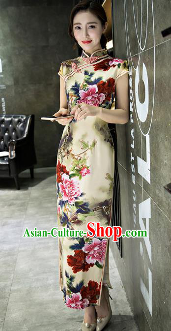 Chinese Top Grade Retro Printing Flowers Yellow Silk Qipao Dress Traditional Republic of China Tang Suit Cheongsam for Women