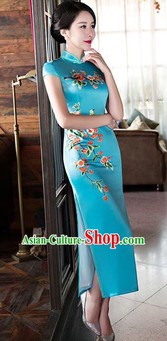 Chinese Top Grade Elegant Qipao Dress Traditional Republic of China Tang Suit Blue Silk Cheongsam for Women