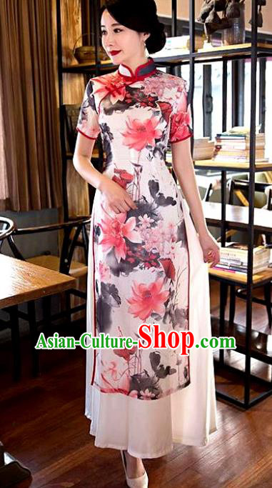 Chinese Top Grade Elegant Ink Painting Lotus Qipao Dress Traditional Republic of China Tang Suit Pink Cheongsam for Women