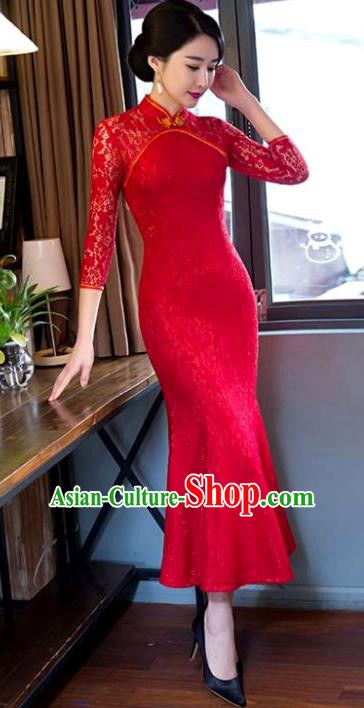 Chinese Top Grade Elegant Red Lace Qipao Dress Traditional Republic of China Tang Suit Fishtail Cheongsam for Women