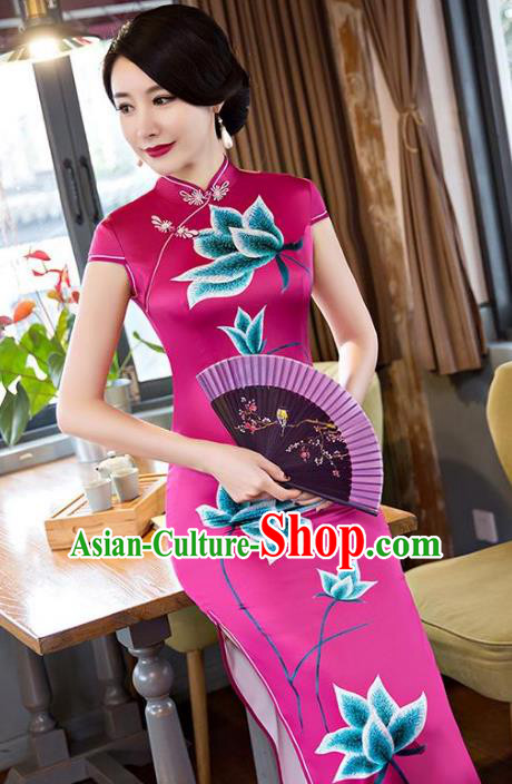 Chinese Top Grade Elegant Rosy Silk Qipao Dress Traditional Republic of China Tang Suit Printing Lotus Cheongsam for Women