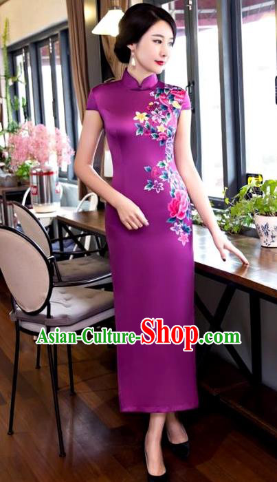 Chinese Top Grade Elegant Printing Peony Flowers Purple Silk Qipao Dress Traditional Republic of China Tang Suit Cheongsam for Women