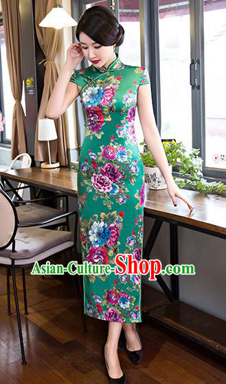 Top Grade Chinese Elegant Printing Flowers Green Cheongsam Traditional Republic of China Tang Suit Silk Qipao Dress for Women