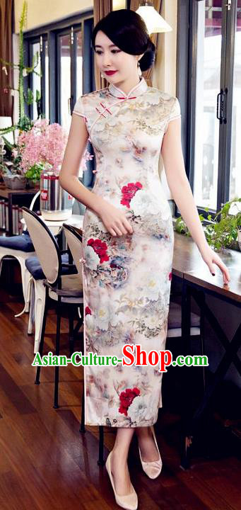 Top Grade Chinese Elegant Printing Peony Flowers Cheongsam Traditional Republic of China Tang Suit Silk Qipao Dress for Women