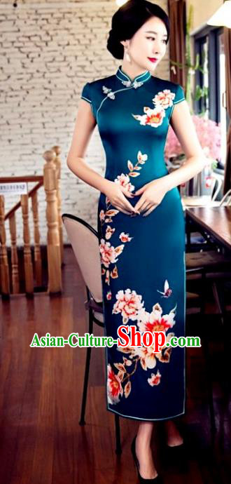 Top Grade Chinese Elegant Peacock Green Cheongsam Traditional Republic of China Tang Suit Silk Qipao Dress for Women