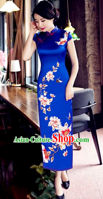 Top Grade Chinese Elegant Blue Cheongsam Traditional Republic of China Tang Suit Silk Qipao Dress for Women