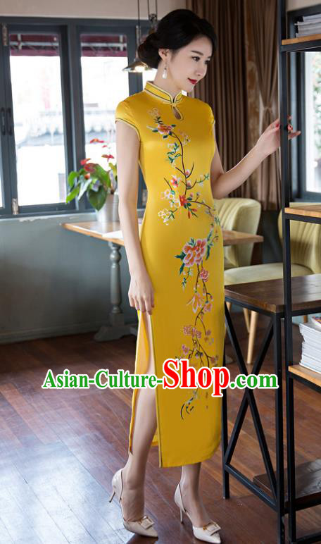 Top Grade Chinese Elegant Cheongsam Traditional China Tang Suit Yellow Silk Qipao Dress for Women