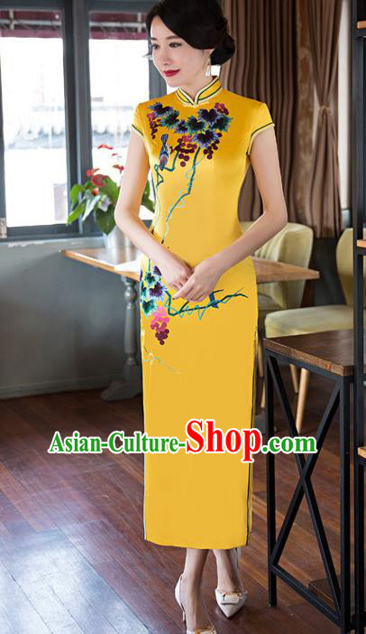 Top Grade Chinese Elegant Cheongsam Traditional China Tang Suit Printing Yellow Silk Qipao Dress for Women