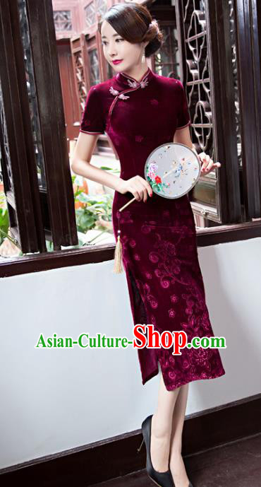 Top Grade Chinese Elegant Cheongsam Traditional China Tang Suit Wine Red Velvet Qipao Dress for Women
