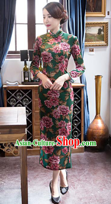 Top Grade Chinese Elegant Green Cheongsam Traditional China Tang Suit Printing Peony Qipao Dress for Women