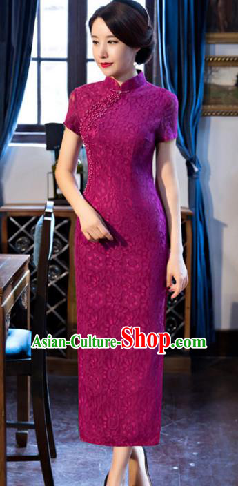 Top Grade Chinese Elegant Purple Lace Cheongsam Traditional China Tang Suit Qipao Dress for Women