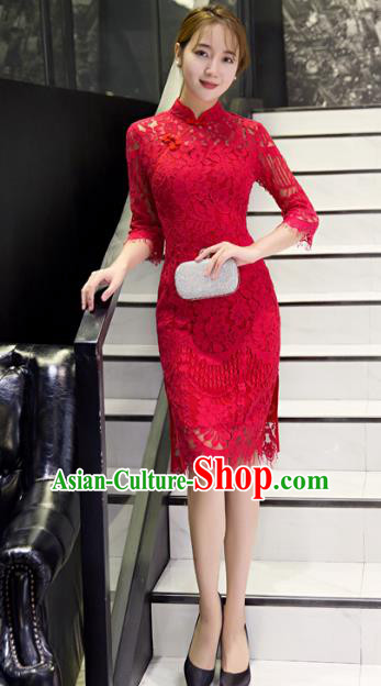 Top Grade Chinese Elegant Red Lace Tassel Cheongsam Traditional China Tang Suit Qipao Dress for Women