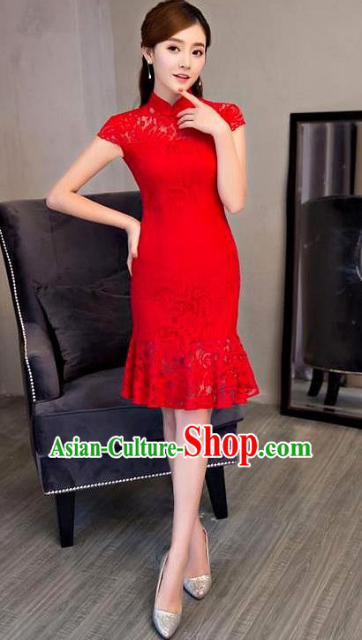 Chinese Top Grade Elegant Qipao Dress Traditional Republic of China Tang Suit Red Lace Short Cheongsam for Women