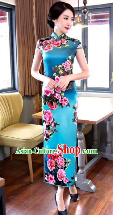 Chinese Top Grade Elegant Printing Peony Blue Silk Qipao Dress Traditional Republic of China Tang Suit Cheongsam for Women