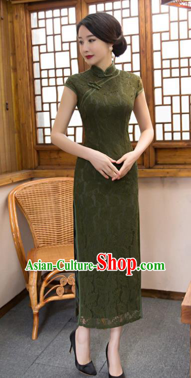 Chinese Top Grade Elegant Olive Green Lace Qipao Dress Traditional Republic of China Tang Suit Cheongsam for Women