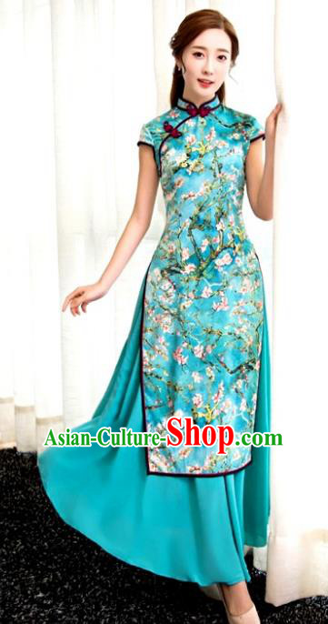 Chinese Top Grade Elegant Printing Green Cheongsam Traditional Republic of China Tang Suit Qipao Dress for Women