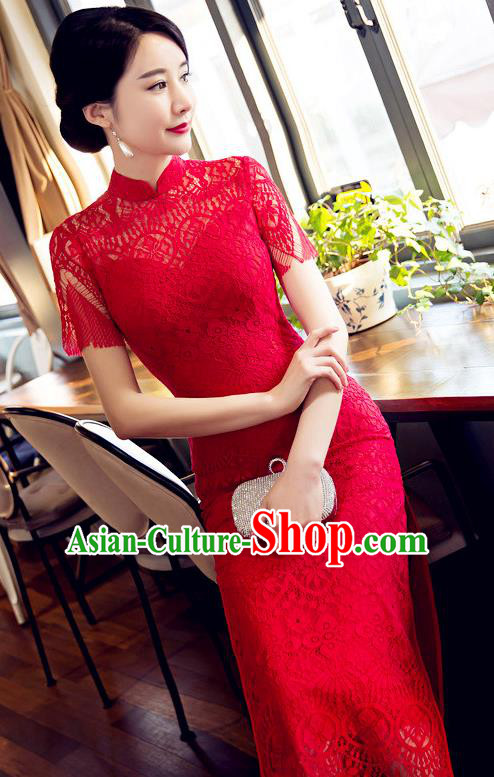 Chinese Top Grade Elegant Cheongsam Traditional Republic of China Tang Suit Red Lace Qipao Dress for Women