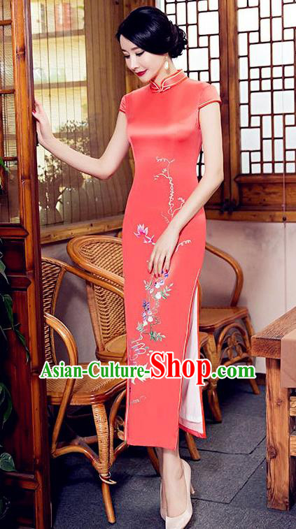 Chinese Top Grade Elegant Cheongsam Traditional Republic of China Tang Suit Orange Silk Qipao Dress for Women