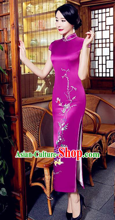 Chinese Top Grade Elegant Cheongsam Traditional Republic of China Tang Suit Purple Silk Qipao Dress for Women