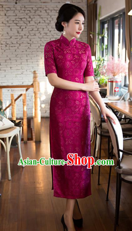 Chinese Top Grade Elegant Rosy Lace Cheongsam Traditional Republic of China Tang Suit Qipao Dress for Women