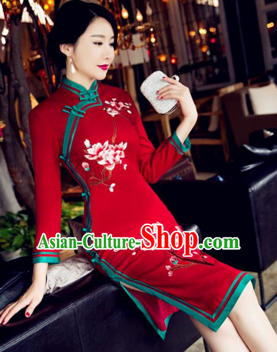 Top Grade Chinese Elegant Red Woolen Cheongsam Traditional China Tang Suit Qipao Dress for Women
