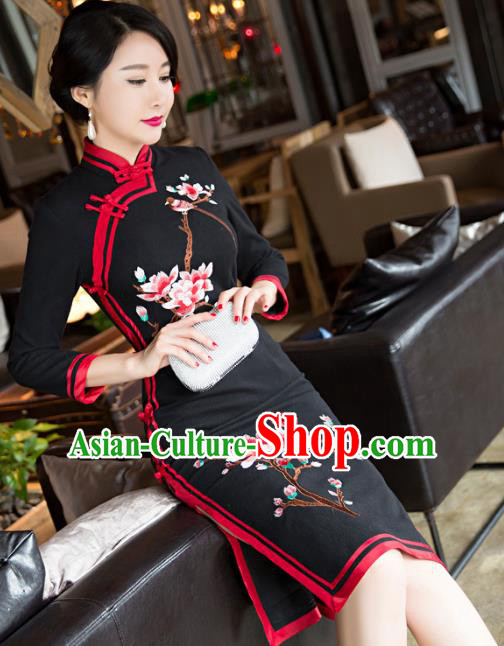 Top Grade Chinese Elegant Black Woolen Cheongsam Traditional China Tang Suit Qipao Dress for Women