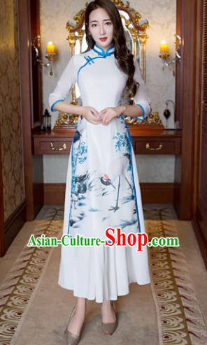 Top Grade Chinese Elegant Printing Blue Cheongsam Traditional China Tang Suit Qipao Dress for Women