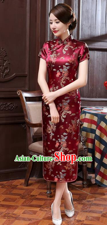 Traditional Chinese Elegant Phoenix Cheongsam China Tang Suit Wine Red Brocade Qipao Dress for Women
