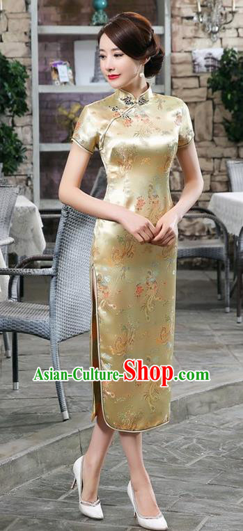 Traditional Chinese Elegant Phoenix Cheongsam China Tang Suit Yellow Brocade Qipao Dress for Women