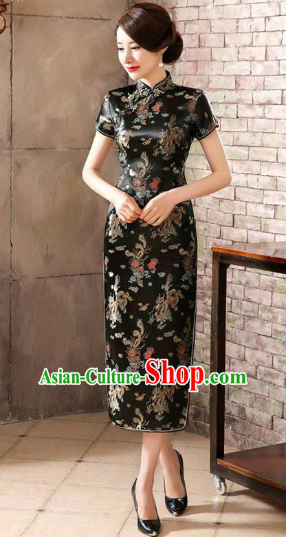 Traditional Chinese Elegant Phoenix Cheongsam China Tang Suit Black Brocade Qipao Dress for Women