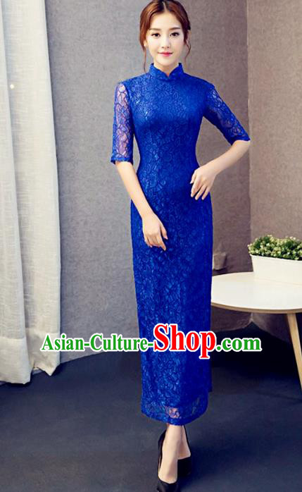 Traditional Chinese Elegant Cheongsam China Tang Suit Blue Lace Qipao Dress for Women