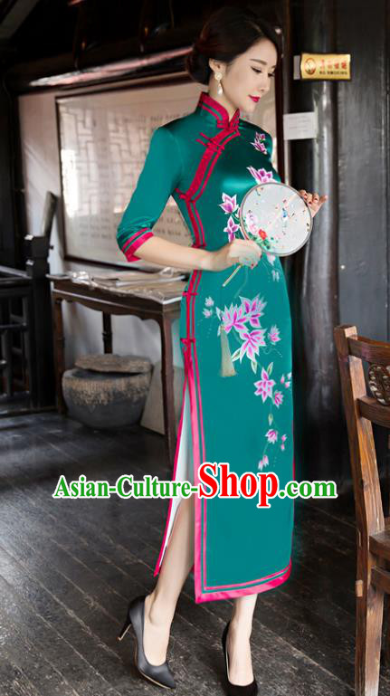 Traditional Chinese Elegant Printing Green Silk Cheongsam China Tang Suit Qipao Dress for Women