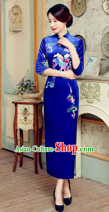 Traditional Chinese Elegant Cheongsam China Tang Suit Printing Blue Velvet Qipao Dress for Women