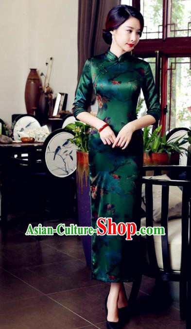 Traditional Chinese Elegant Printing Green Watered Gauze Cheongsam China Tang Suit Qipao Dress for Women